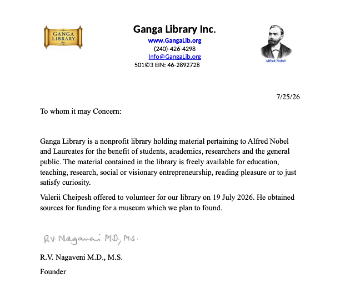 Signed confirmation letter from Ganga Library Inc, dated 25 July 2026