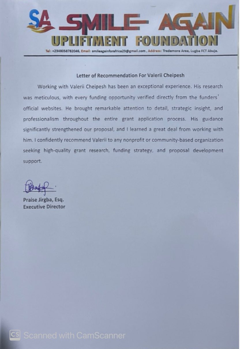 Signed letter of recommendation from Smile Again Upliftment Foundation, on organization letterhead